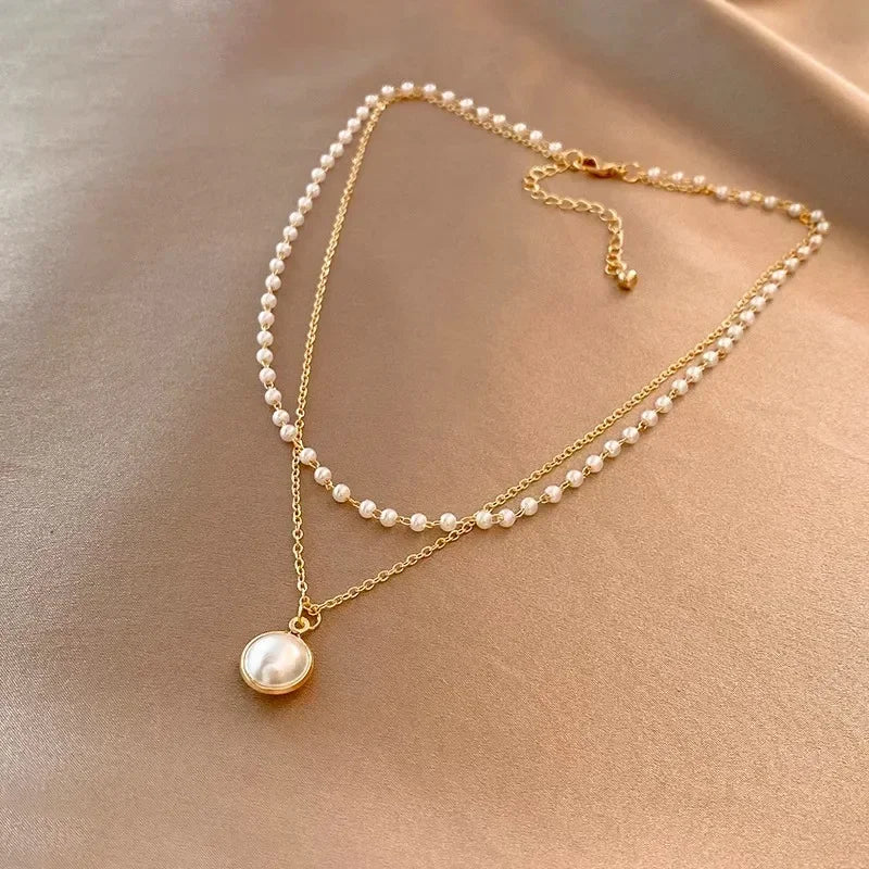 Women's Pearl Necklace Gold Beads Double Layer Chain Choker