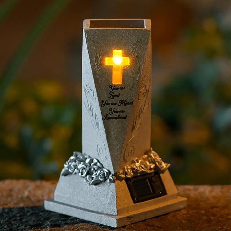 Cemetery Grave Flower Vase Solar LED Hand Painted Resin Planter Ornament