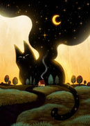 Black Cat Canvas Wall Art Moon Star Forest Cartoon Illustration