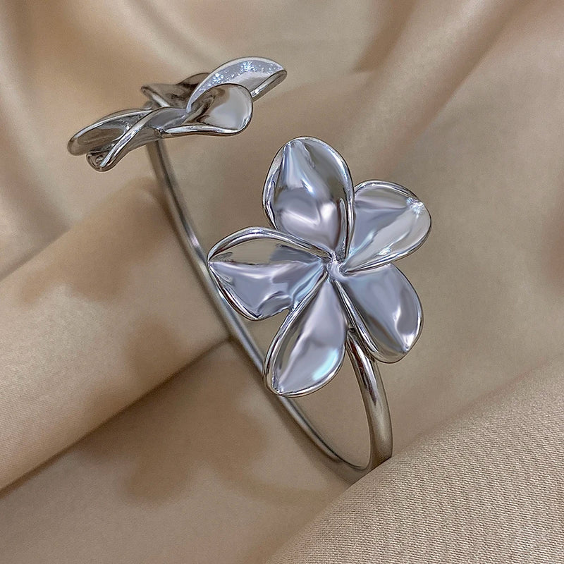 Greatera Stainless Steel Flower Cuff Bracelet Gold Floral Bangle Women