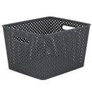 Large Gray Resin Wicker Storage Bin With Handles For Organizing