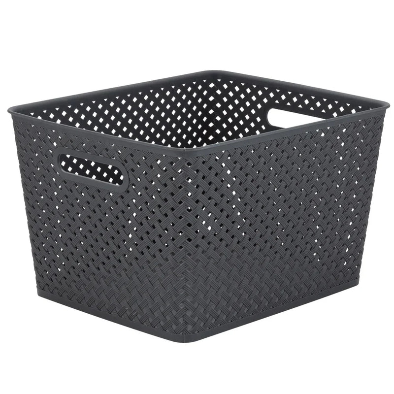Large Gray Resin Wicker Storage Bin With Handles For Organizing
