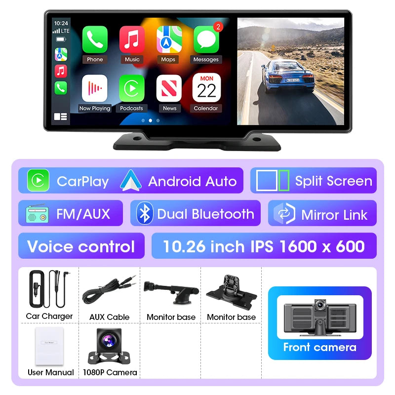 10 Inch 4K Dash Cam Car DVR Dual Lens Wireless Carplay GPS