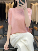 Women Short-Sleeved Knitwear Top O-Neck Lyocell Summer Tee