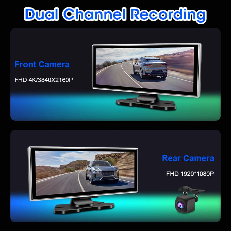 10 Inch 4K Dash Cam Car DVR Dual Lens Wireless Carplay GPS