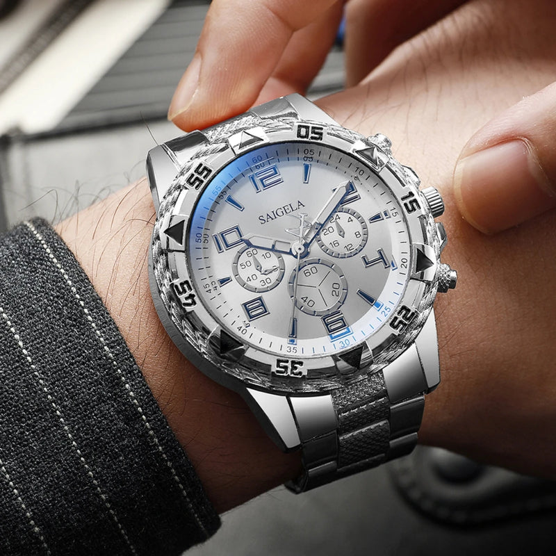 4pcs Men's Quartz Watch Set Steel Band Arabic Dial Stylish