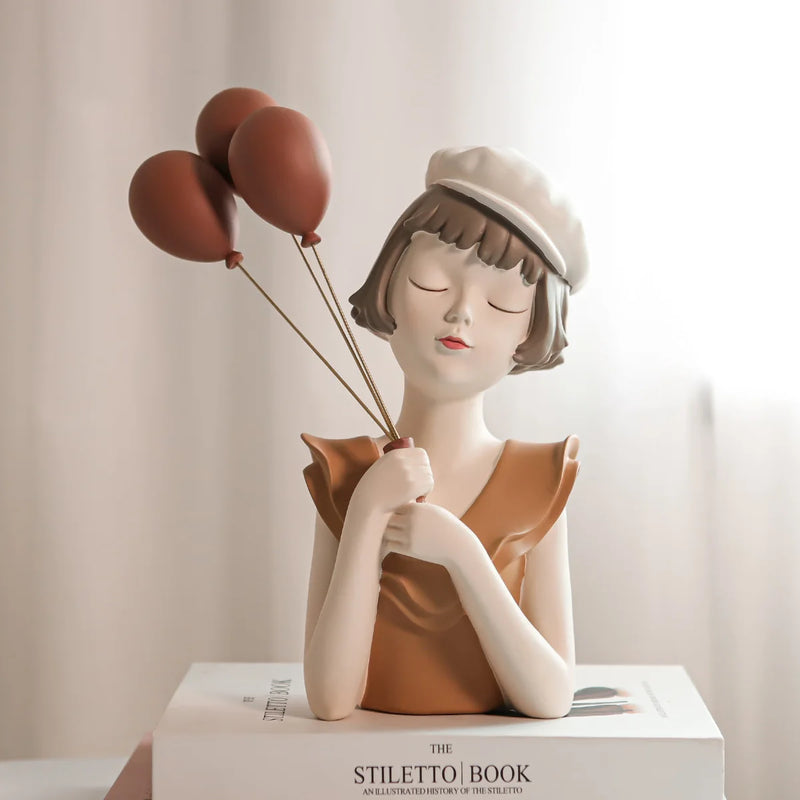 Modern Balloon Girl Sculpture Resin Figurine Gold Tray Living Room Decor