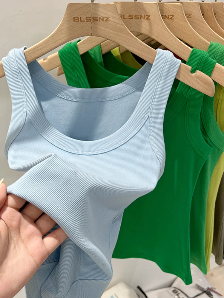 Zjaiss Women Ribbed Tank Top Solid Round Neck Stretchy Camisole