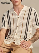 Men's Knitted Short Sleeve Shirt Casual Slim Fit Striped Lapel