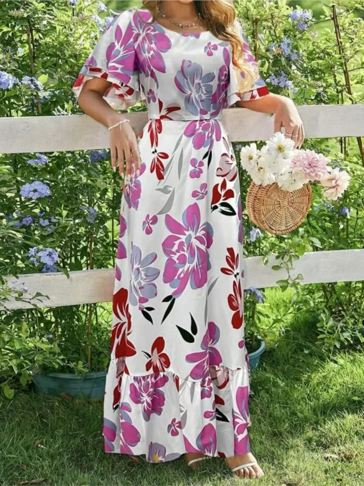 Women Maxi Dress Casual Printed O-neck Short Sleeve A-line Beach Dress