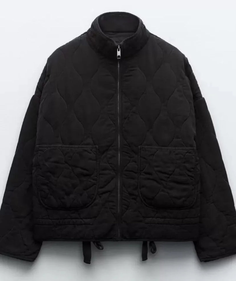 ZW Women's Cotton Jacket Vintage Quilted Coat High Collar Large Pockets