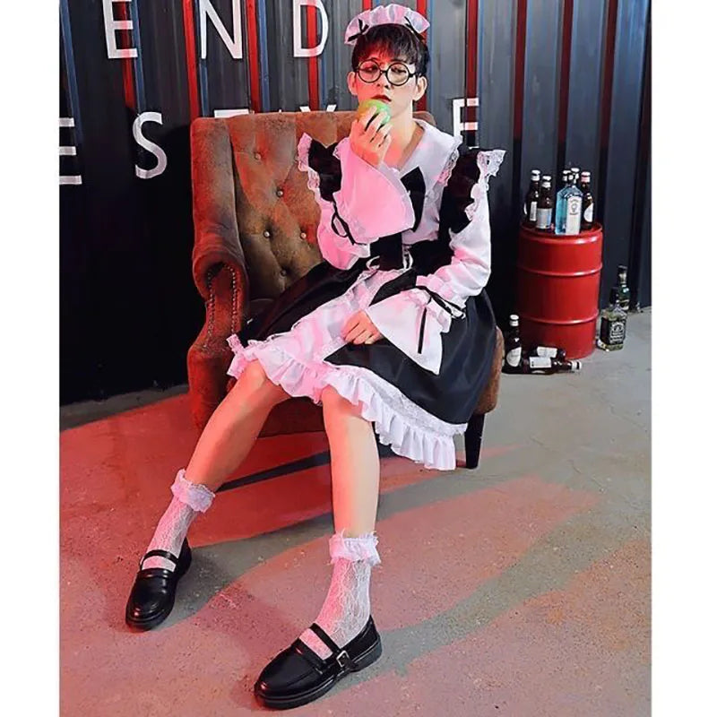 Women Maid Lolita Cosplay Costume Black White Cafe Apron Dress