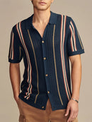 Men's Knitted Short Sleeve Shirt Casual Slim Fit Striped Lapel