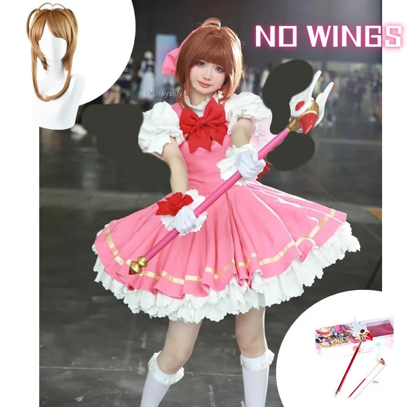 Cardcaptor Sakura Cosplay Costume Kinomoto Sakura Pink Dress Wig Set