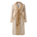 Women's Mesh Overcoat Lightweight Long Sleeve Buttoned Belted Coat