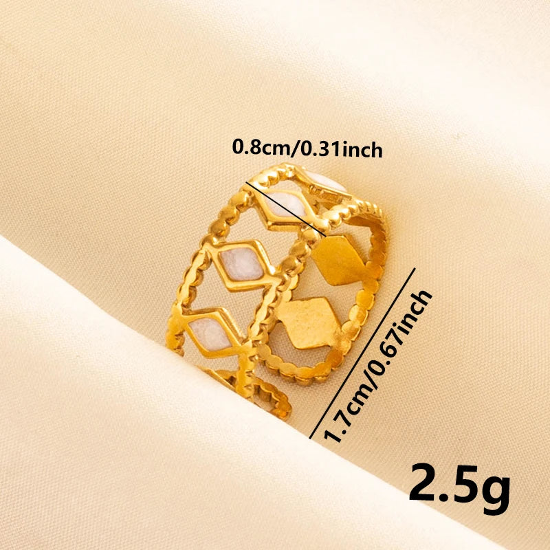 Bohemian Adjustable Stainless Steel Ring White Enamel Gold Color