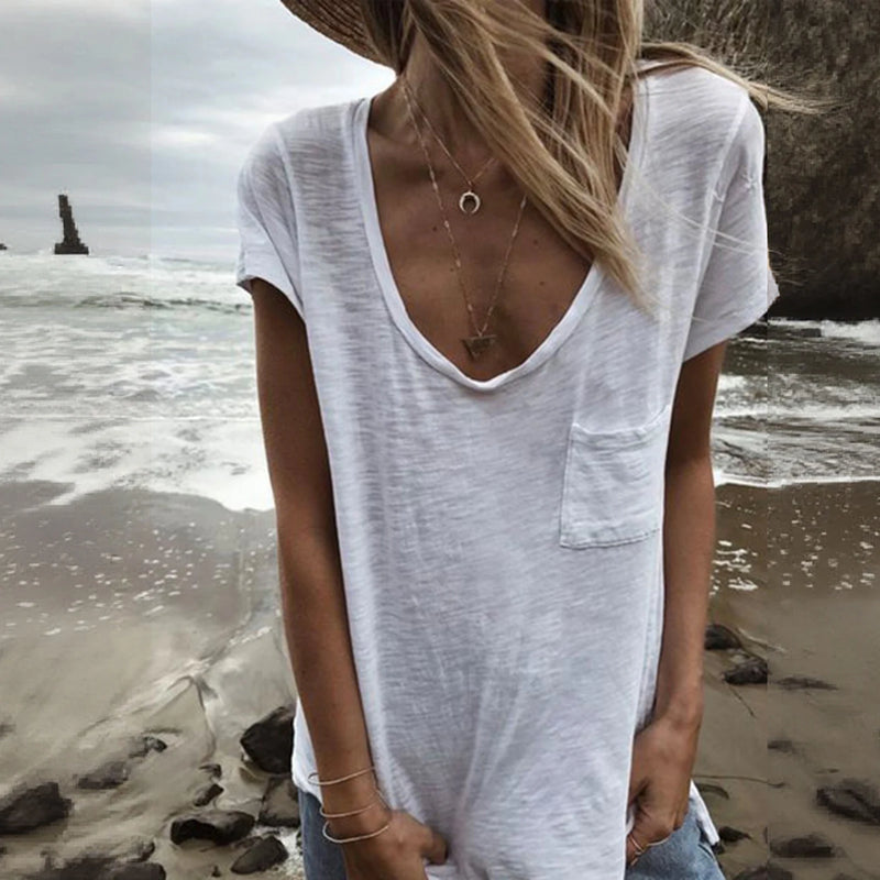 Plus Size Women's T-Shirt Candy Color V Neck Short Sleeve Summer Top