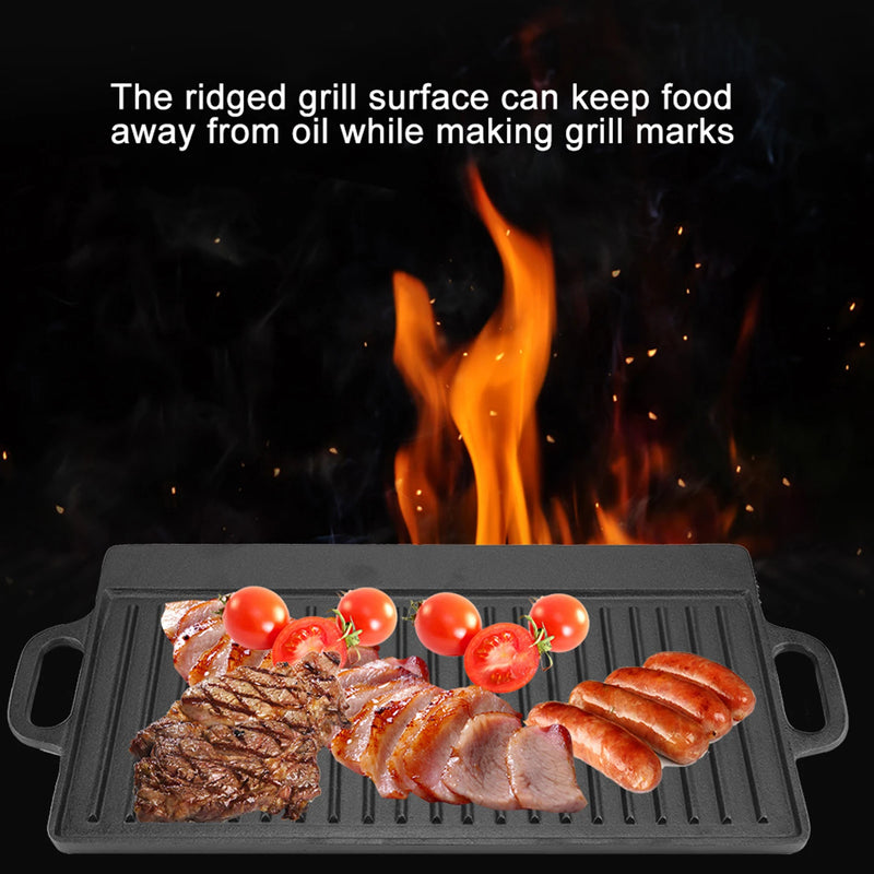 Non-stick Cast Iron Grill Pan Double Sided Ridged Flat Griddle