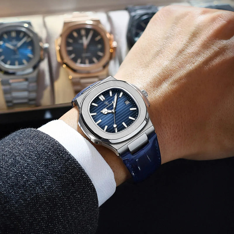 POEDAGAR Casual Square Men's Leather Quartz Watch Waterproof Luminous