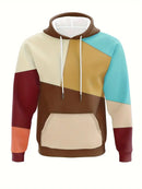 Men's Loose Hoodie Denim Plaid Patchwork Drawstring Pocket Sweatshirt