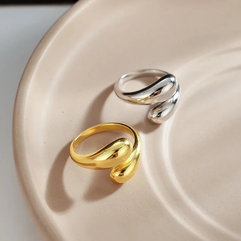 Stainless Steel Double Ball Beads Rings Open Gold Geometric Jewelry