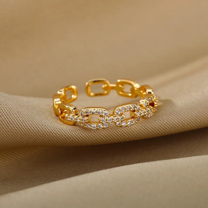 Twist Chain Open Ring Zircon Stainless Steel Geometric Couple Jewelry