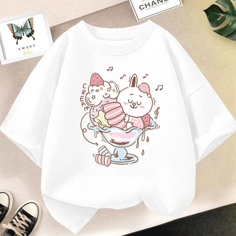 Girls Strawberry Milk Shake T-shirt Cute Pink Cartoon Short Sleeve Tee