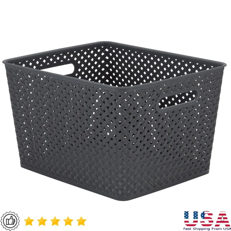 Large Gray Resin Wicker Storage Bin With Handles For Organizing