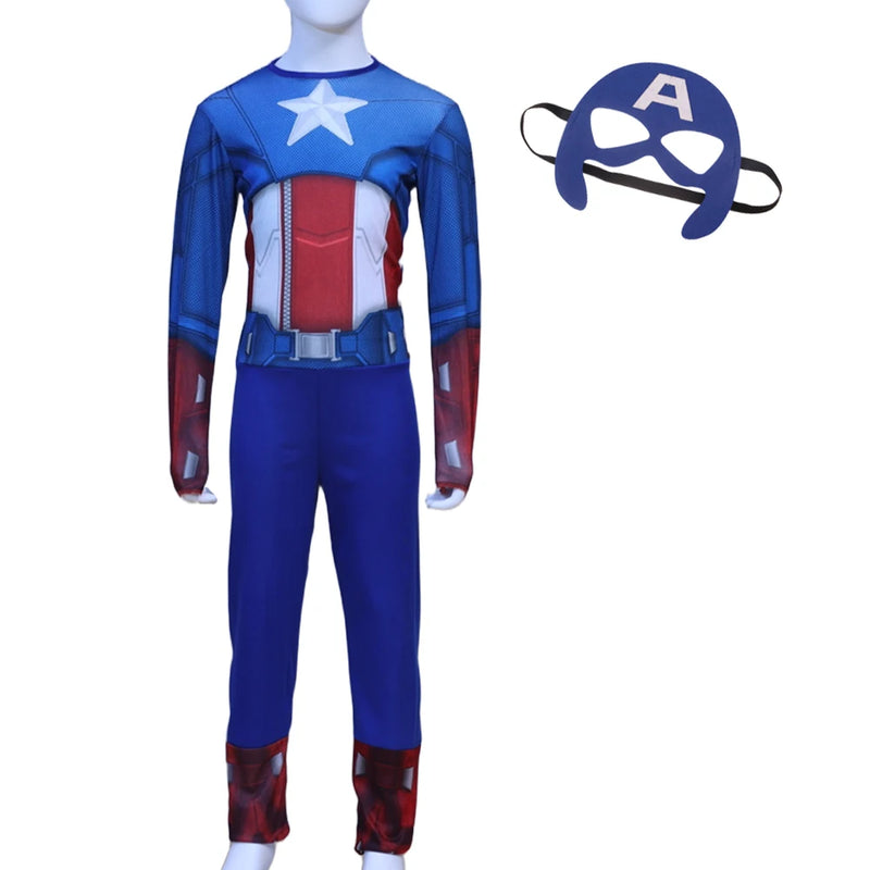 Captain America Kids Cosplay Costume Jumpsuit Mask Superhero Role Play