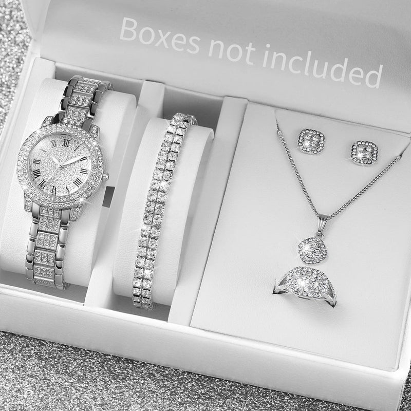 Women's Fashion Diamond Quartz Watch Jewelry Set Gold Steel Band