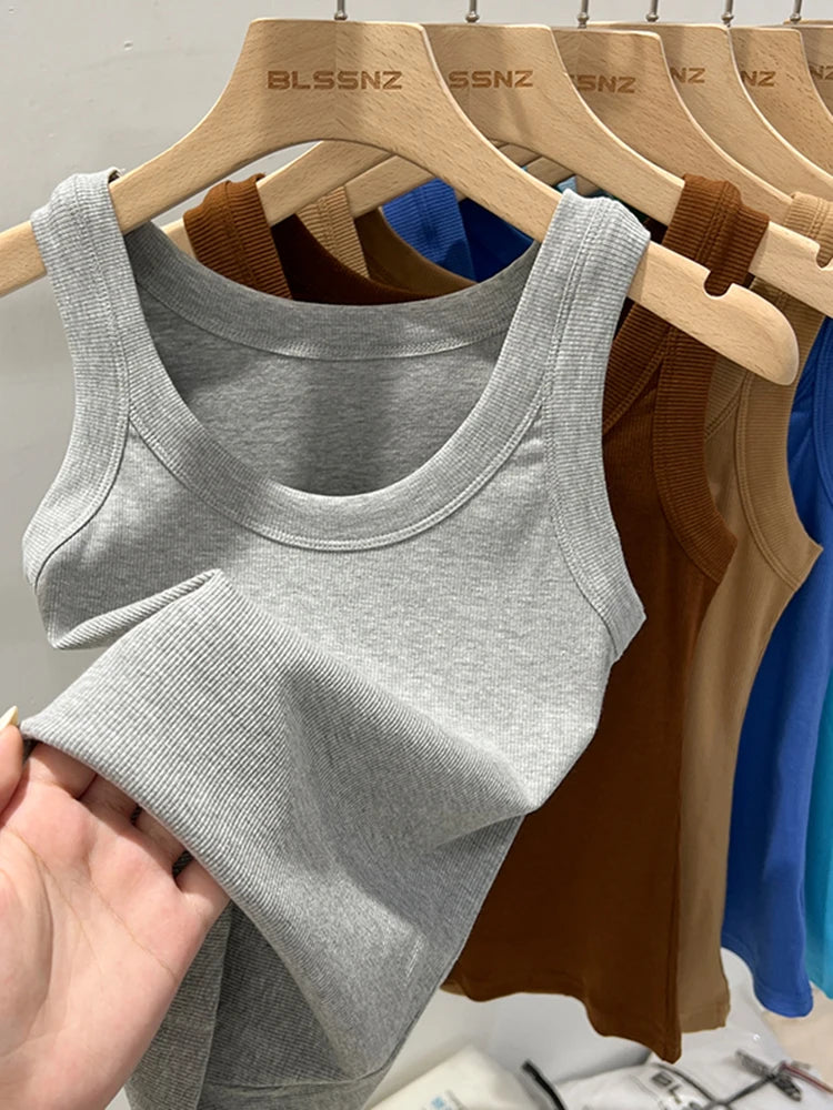 Zjaiss Women Ribbed Tank Top Solid Round Neck Stretchy Camisole