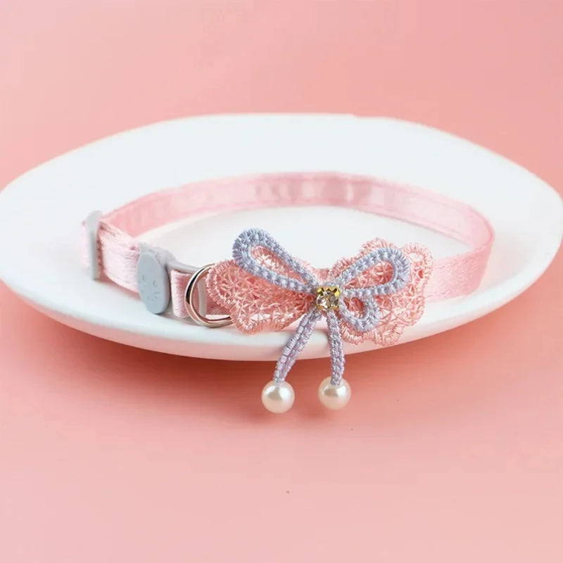 Pet Collar Pink Lace Bow Bell Adjustable Cat Dog Accessories