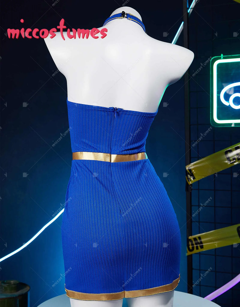 Chun Li Cosplay Costume Women Halter Dress Top Bracelets Hairband