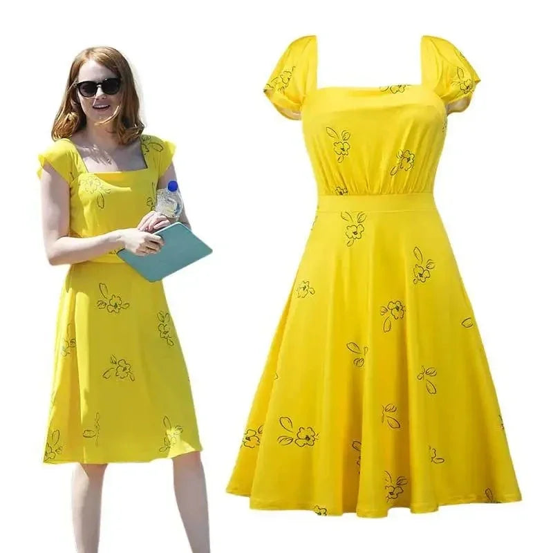La La Land Mia Cosplay Costume Yellow Summer Dress Sleeveless Skirt