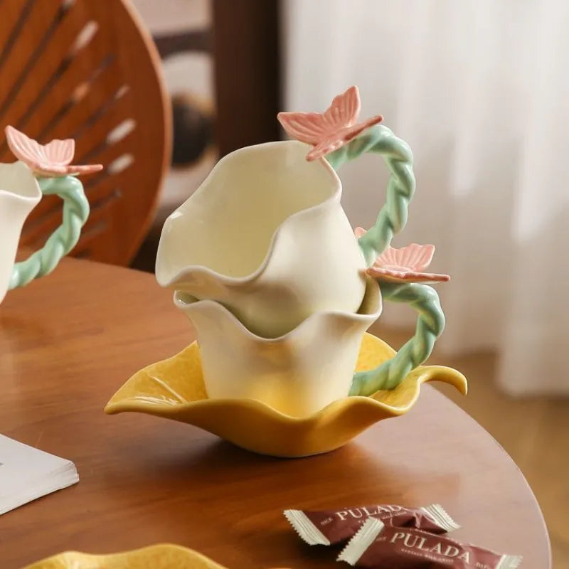 Ceramic Coffee Mug With Butterfly Floral Plate And Spoon Set