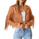 Women Faux Suede Leather Jackets Fringe Tassel Cropped Motorcycle Style