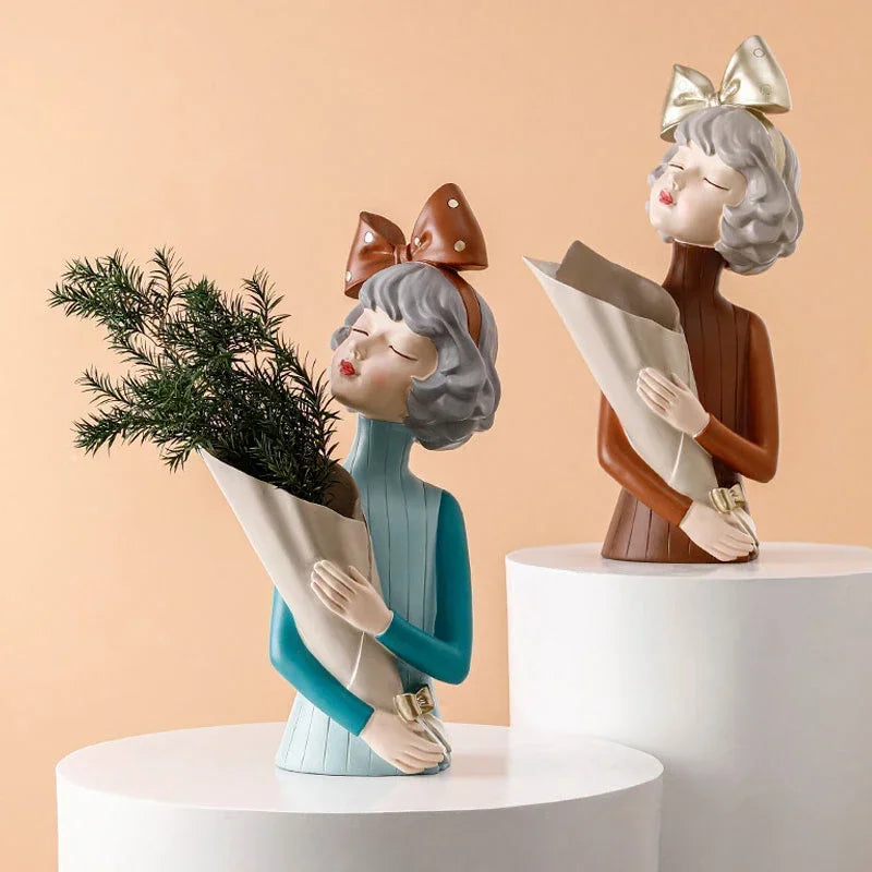 Creative Bow Girl Resin Vase Statue Decoration For Living Room Bedroom