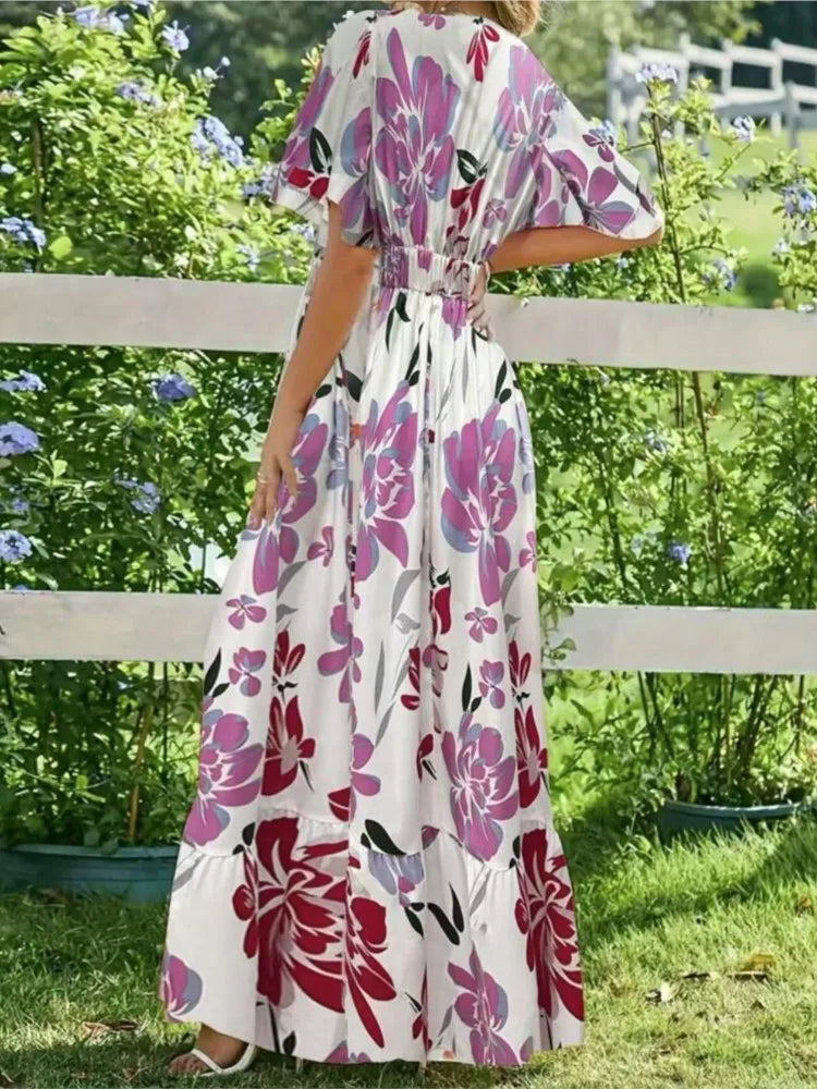Women Maxi Dress Casual Printed O-neck Short Sleeve A-line Beach Dress