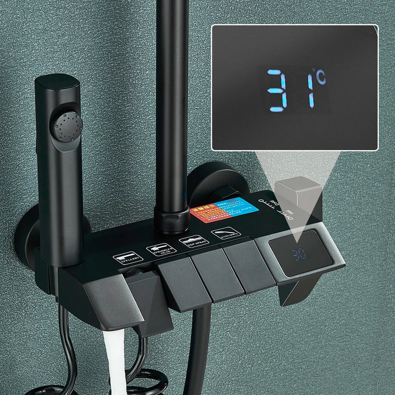 Rozin Black Digital Shower Faucet Set Rainfall Mixer Tap Bathroom
