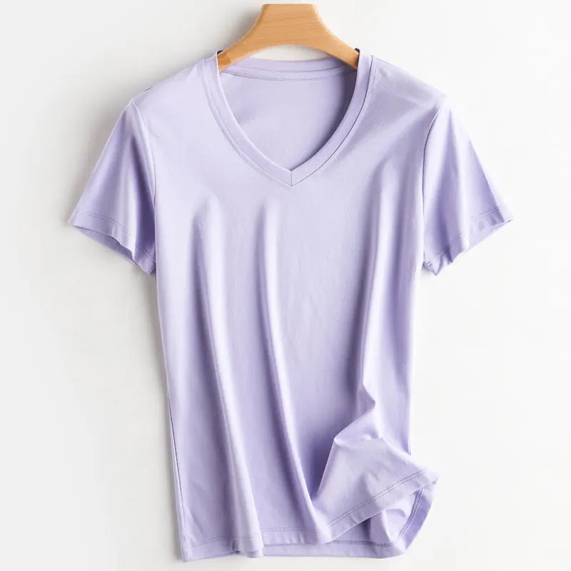 Women Silk T-shirts Mercerized Cotton O Neck Short Sleeve Casual Tops