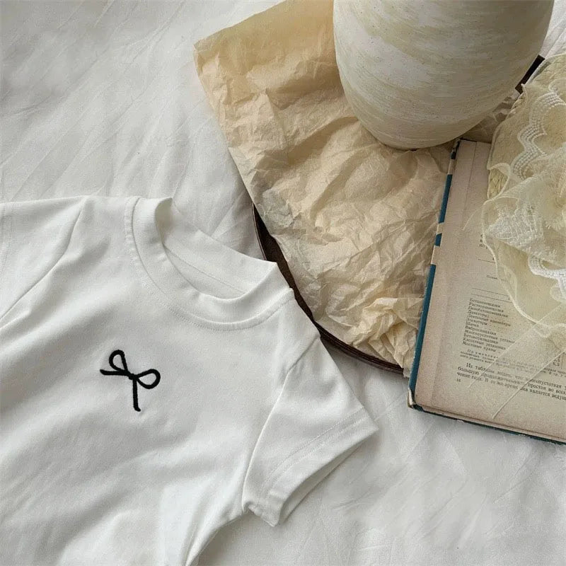 Kids Short Sleeve T-shirt Cotton Bowknot Casual Summer Tee For Girls