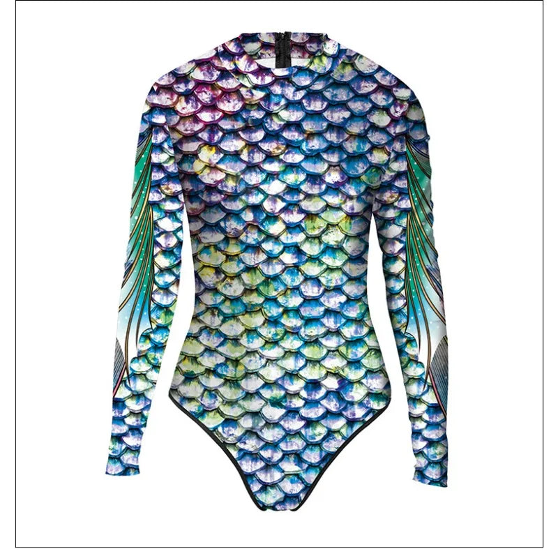 Mermaid Cosplay Costume Women One-piece Fish Scale Long Sleeve Swimsuit
