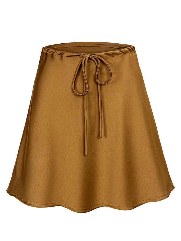 Satin Mini Skirt Women High Waist Drawstring A Line Summer Silk