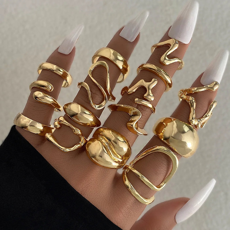 15Pcs Metal Rings Set Irregular Lines Water Droplet Design