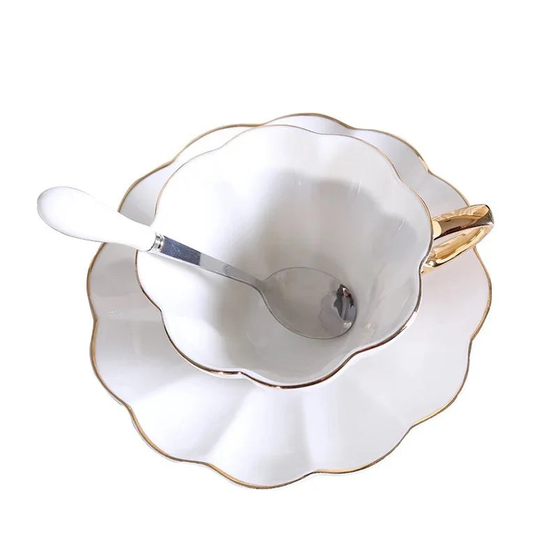 Ceramic Coffee Cups Set With Golden Edged Plates And Spoons
