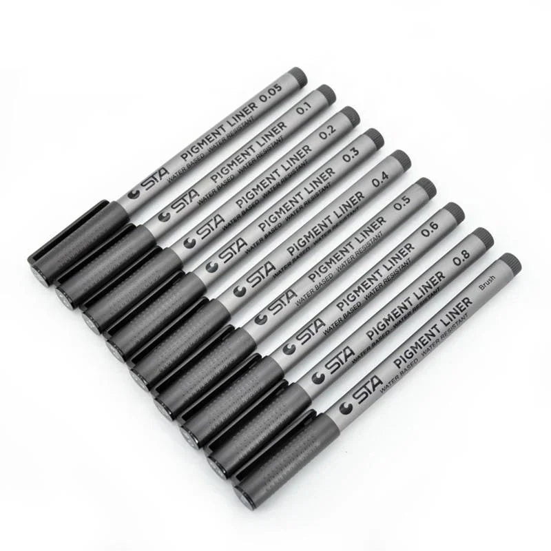 9pcs Black Liner Pen Set Brush Sketch Drawing Markers