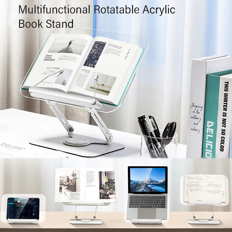 Adjustable Acrylic Book Stand With 360 Degree Rotating Base And Clips