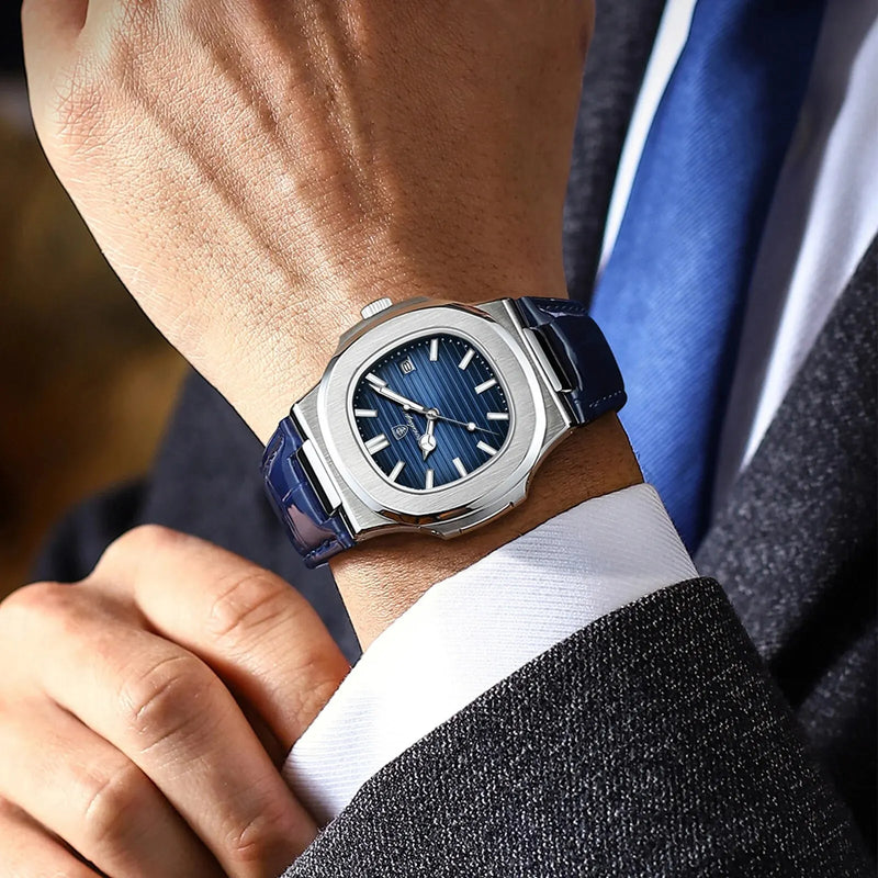 POEDAGAR Casual Square Men's Leather Quartz Watch Waterproof Luminous