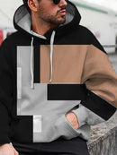 Men's Loose Hoodie Denim Plaid Patchwork Drawstring Pocket Sweatshirt