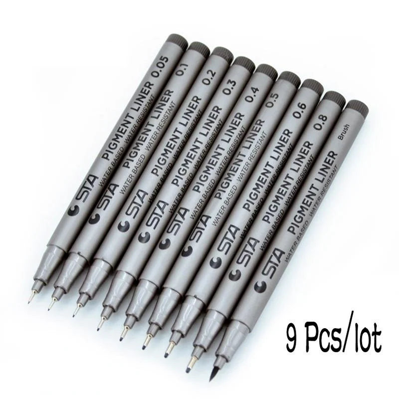 9pcs Black Liner Pen Set Brush Sketch Drawing Markers